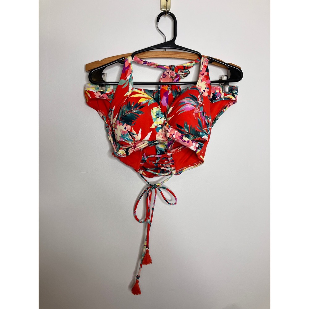 Gibson Latimer Bikini Set Womens M Red Excellent Floral Halter Lace Up Tassels